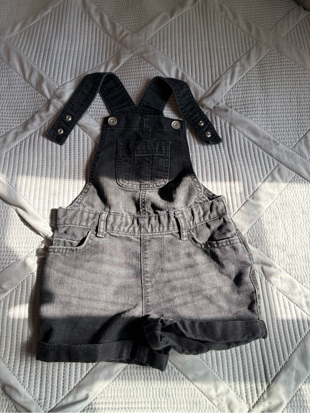 Place Black Denim Shortalls with Front Bib Pocket